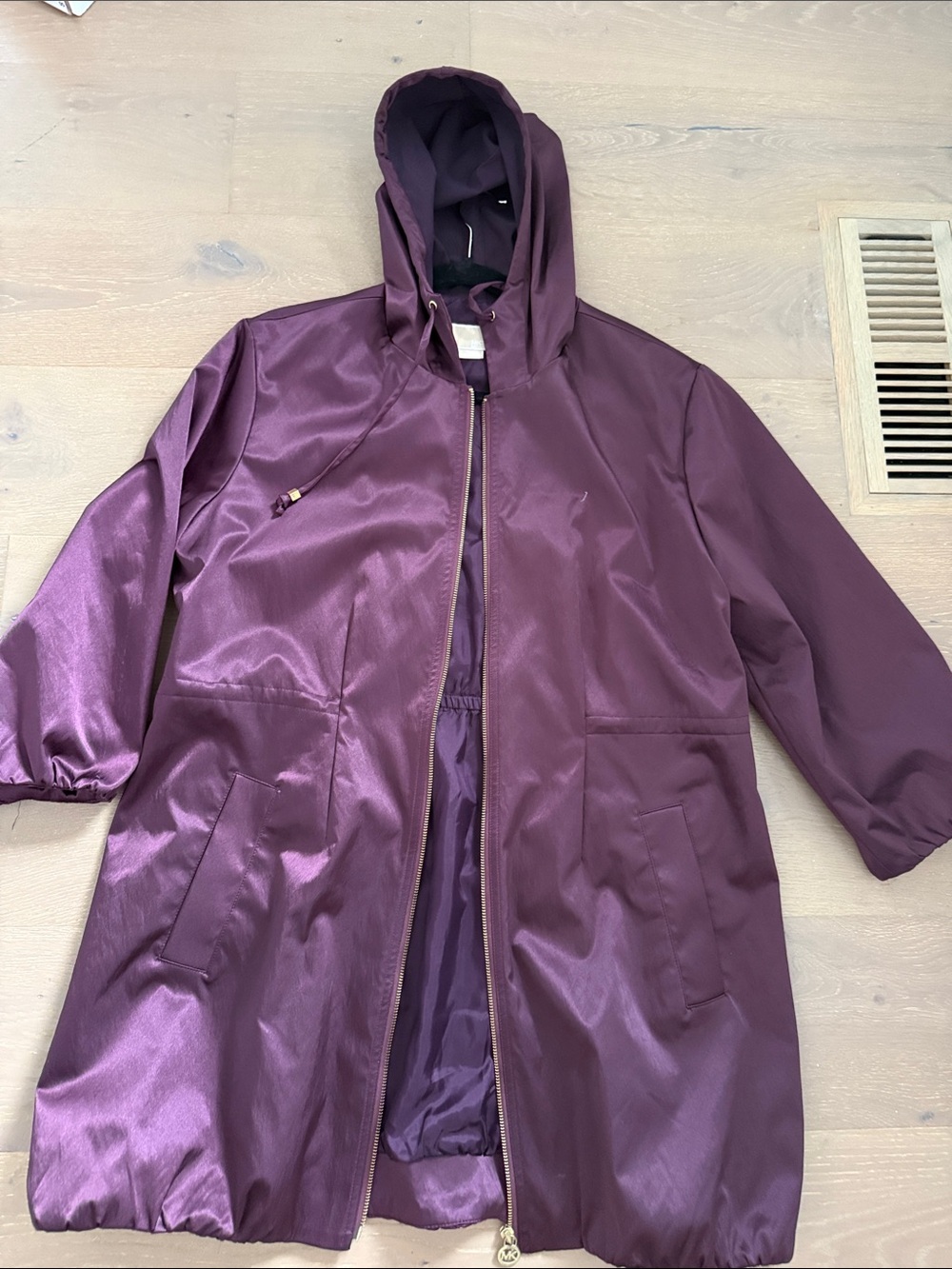 Michael Kors Hooded Metallic Satin-Style Plum Utility Jacket